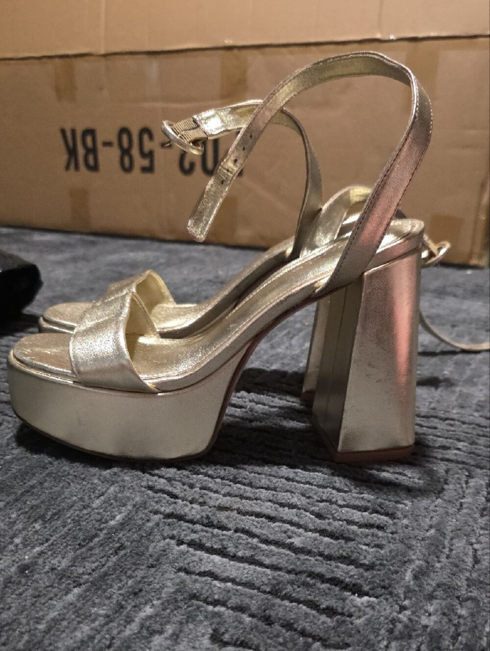 Larroude Metallic Gold Platform Heeled Sandals with Ankle Strap - Picture 2 of 12